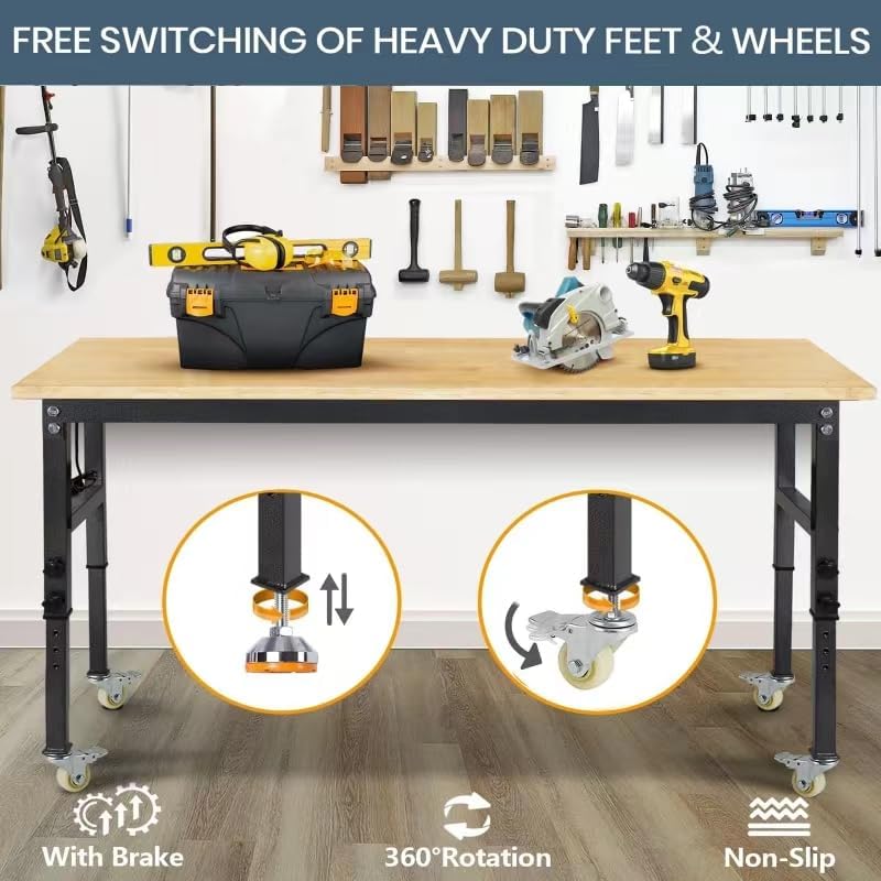 70'' Adjustable Workbench, Rubber Wood Top Work Bench Heavy-Duty Work Table with Socket, Wheels and Fixed Legs 2000 LBS Load Capacity Hardwood Sewing Table for Garage, Workshop, Home, Office