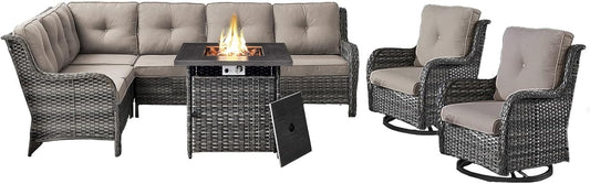 Outdoor Sectional Sofa Furniture Set with Propane Fire Pit Table, Wicker Patio Conversation Set with 2 Swivel Glider Rocker Chairs Grey Cushion Perfect for Backyard Casual Gathering