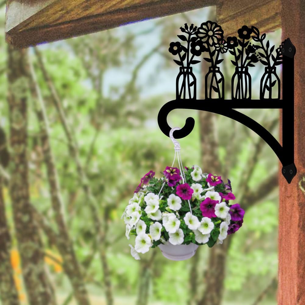 peacoblue Iron Plant Hangers Hooks for Outdoor Indoor Hanging Plants Flower Fern Pots Lantern Bird Feeder,12"x15" Weather Resistant Metal Wall Holder for Porch Garden Farmhouse(Vase and Wildflower)