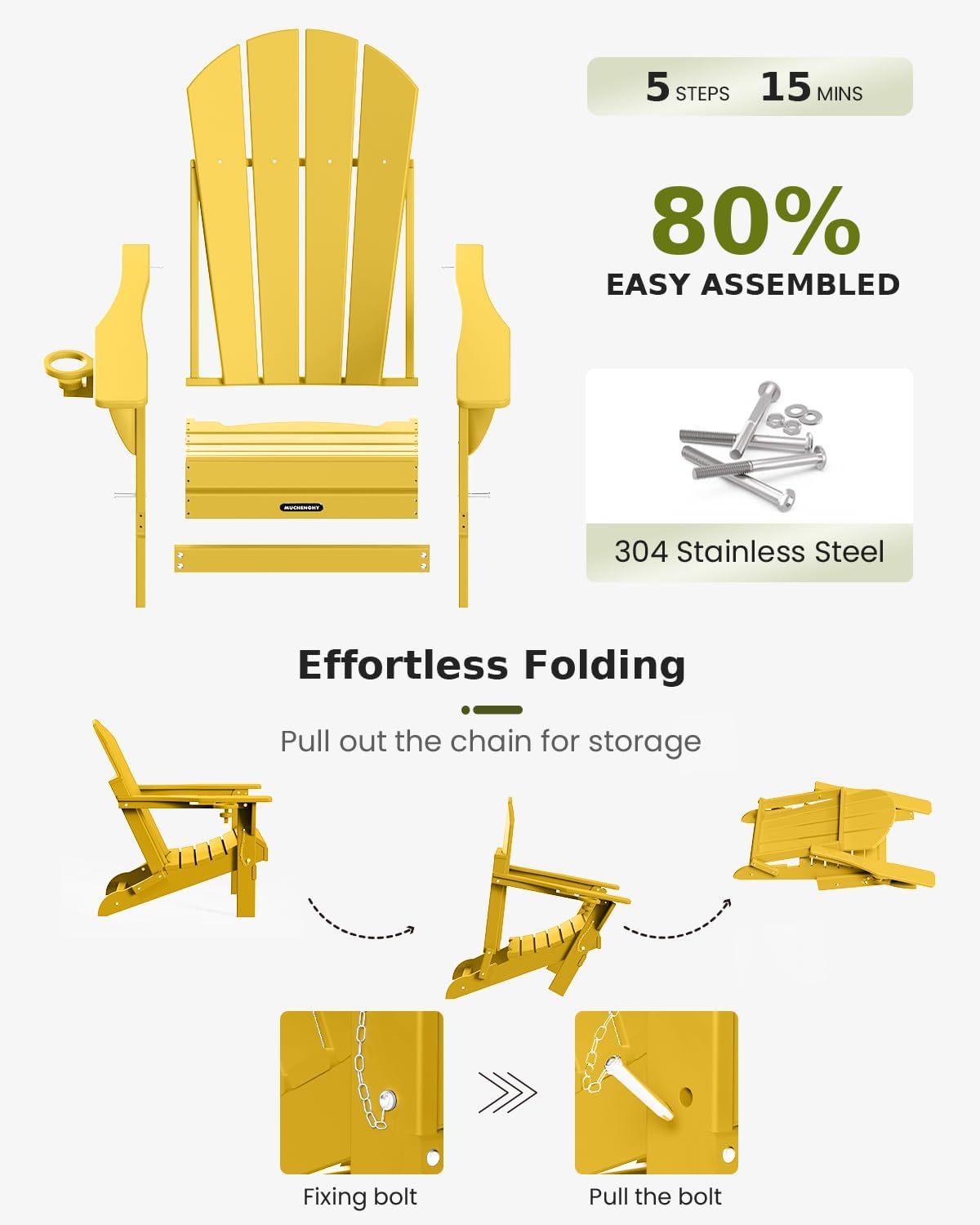 MUCHENGHY Folding Adirondack Chairs, Patio Chairs, Lawn Chairs, Outdoor Chair, Adirondack Chair Plastic, Fire Pit, Weather Resistant with Cup Holder for Deck, Backyard, Garden(Olive Yellow)