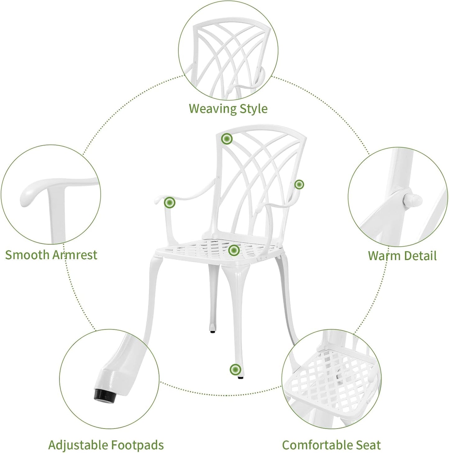Cast Aluminum Bistro Table and Chairs Set of 2 with 1.97" Umbrella Hole,Weather Resistant 3 Piece Bistro Patio Set Outdoor Patio Furniture Set for Front Porch,Garden,Woven White
