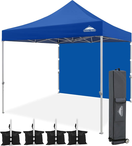 EAGLE PEAK 10x10 Heavy Duty Pop up Commercial Canopy Tent with One Removable Sidewall, Instant Sun Shelter with Roller Bag, 4 Sandbags, Blue