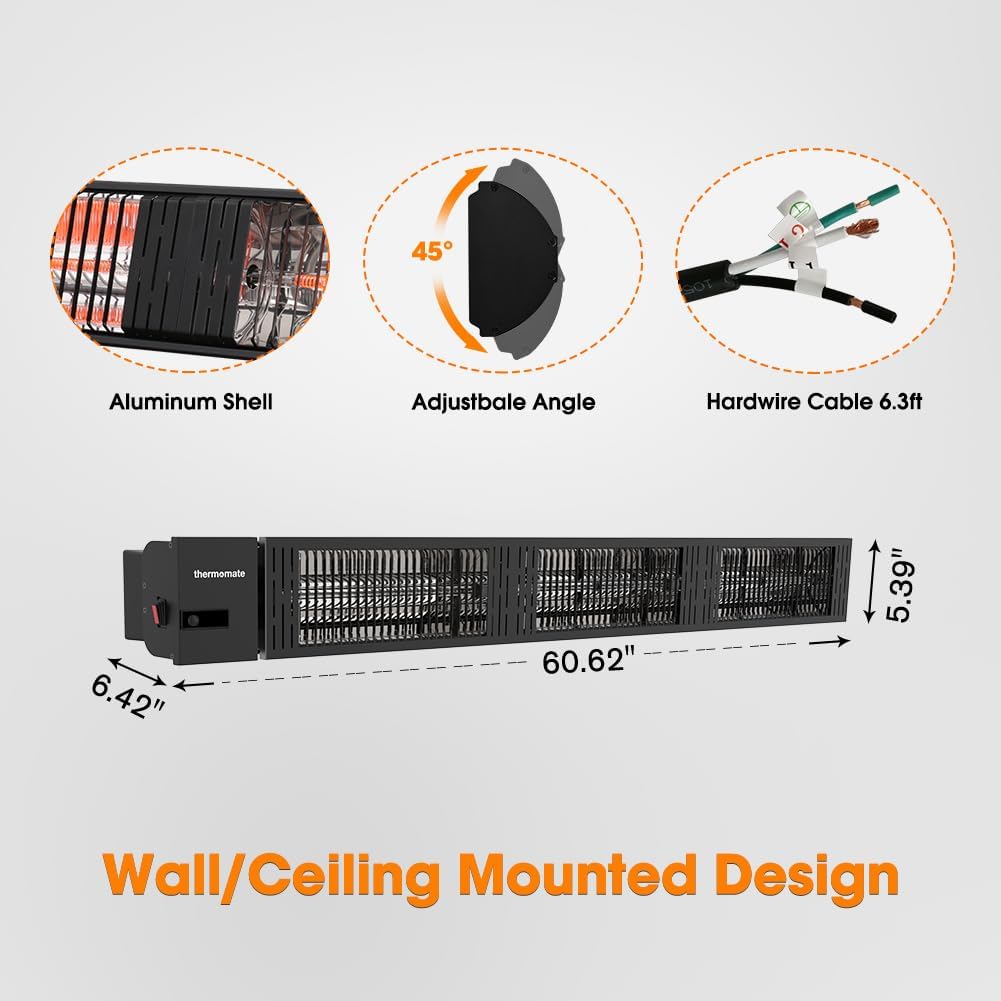 ThermoMate Infrared Outdoor Patio Heater, 4500W Carbon Fiber Heating for Porch, Deck, Garage with Remote 24 Hours Timer, Hard Wired 240V