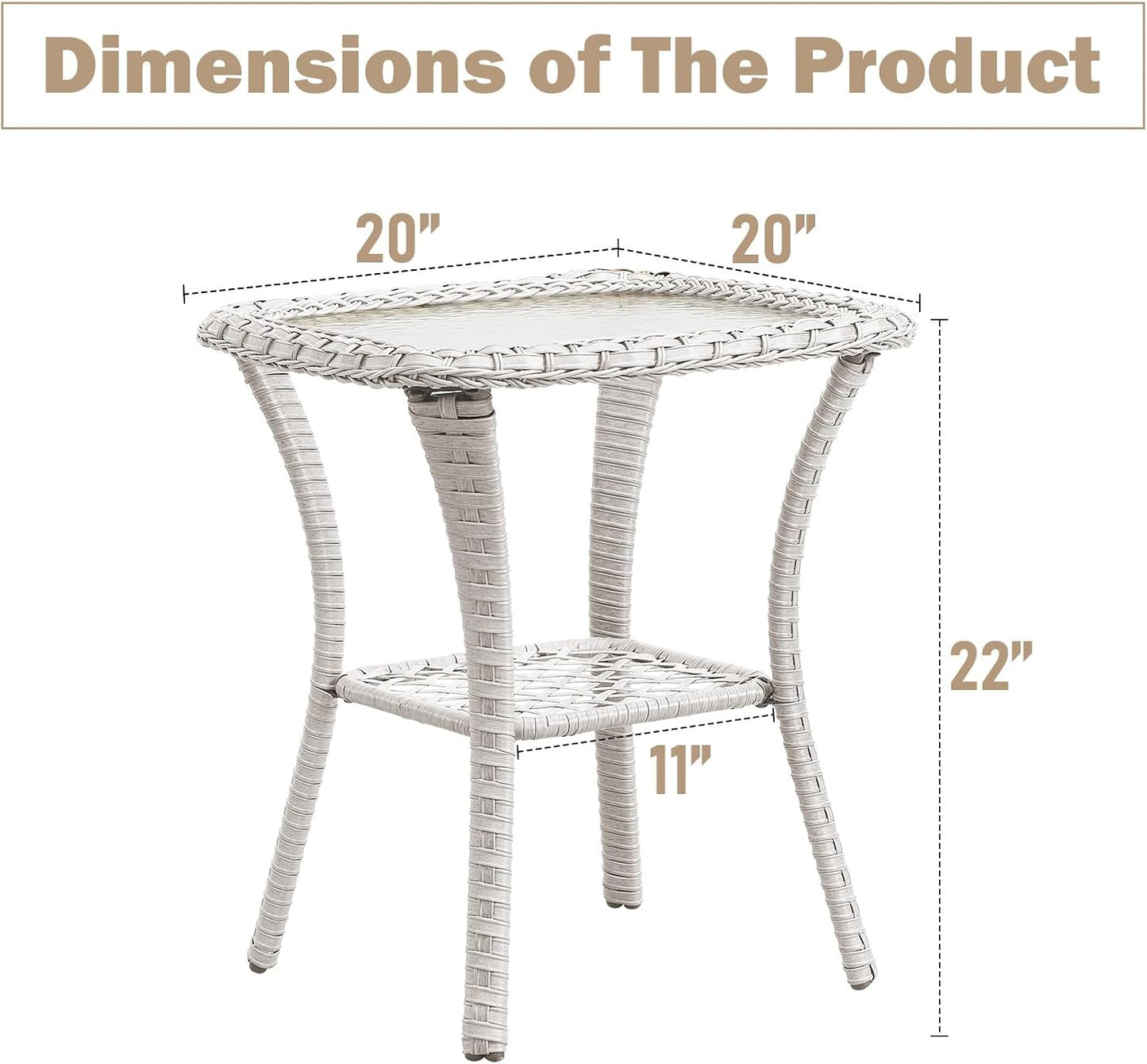 Outdoor Side Tables for Patio, Wicker/Rattan End Tables, Outdoor Wicker Side Table, Light Beige Rattan Glass Top Patio Side Table