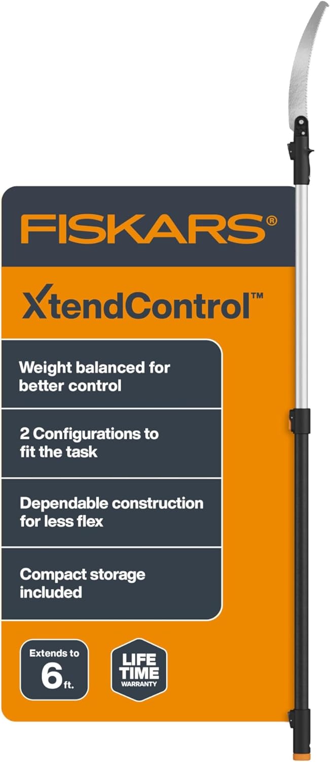 Fiskars XtendControl Extendable Tree Pruner (6 ft), Adjustable Branch Trimmer with 15" X1 Saw with Hand Saw Option, 3-6 ft Extension Pole, and Secure Locking System for Precision Cutting