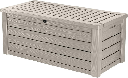 Keter Westwood 150 Gallon Resin Large Outdoor Storage Box for Patio Furniture, Outdoor Cushions, Garden Tools and Pool Floats, Beige