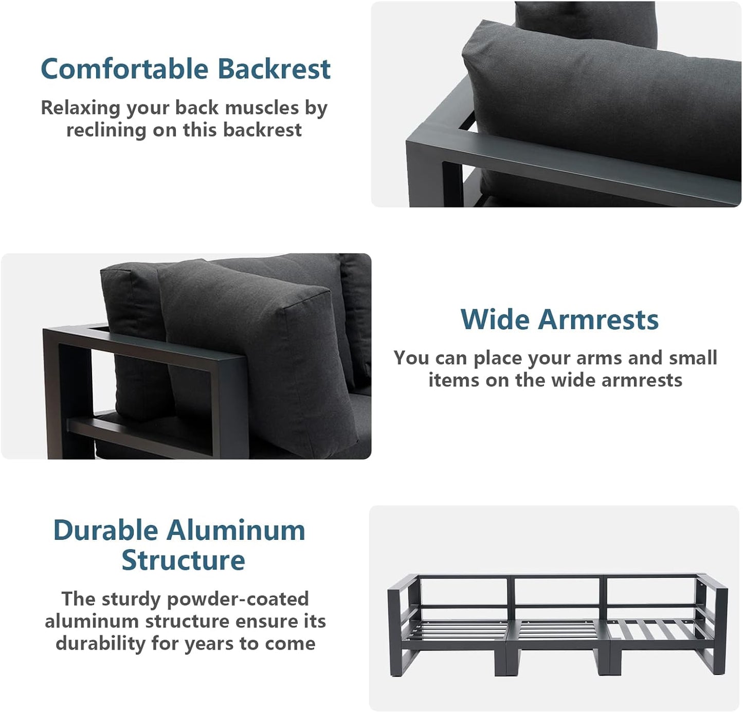 6 Pieces Outdoor Modular Sectional Set Aluminum Patio Conversation Sofa Sets with Armless Sofas, Square Coffee Table, Dark Grey Cushions