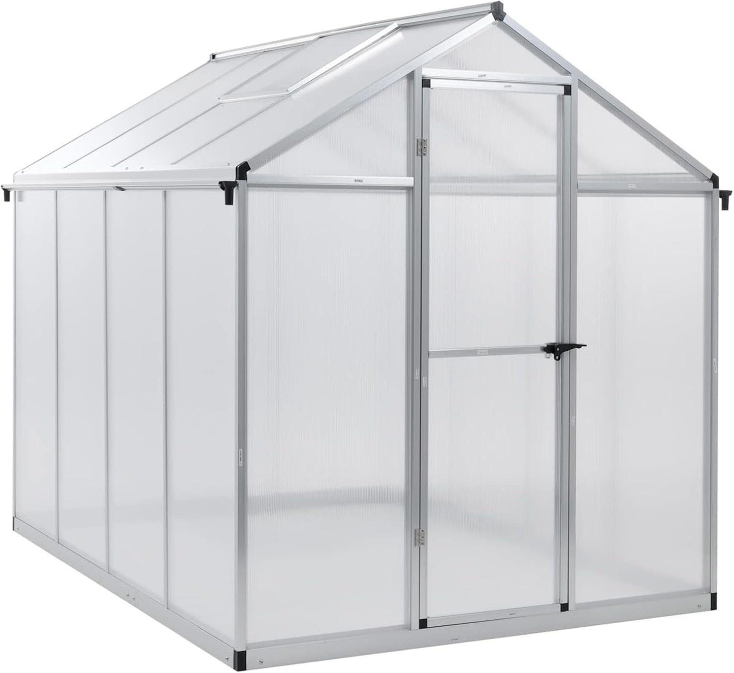 Aoodor 6 x 8 Ft Walk-in Greenhouse with Gutter, Polycarbonate and Heavy-Duty Aluminum Frame, Adjustment Skylight and Lockable 2-Sided Door for Patio, Outdoor, Yard, Lawn Use, Silver