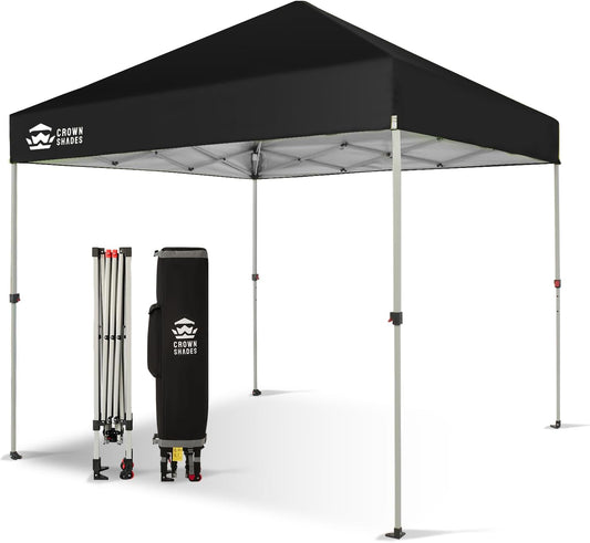 CROWN SHADES 8x8 Pop Up Canopy, Patented Center Lock One Push Instant Popup Outdoor Canopy Tent, Newly Designed Storage Bag, 8 Stakes, 4 Ropes, Silver-Coated Black