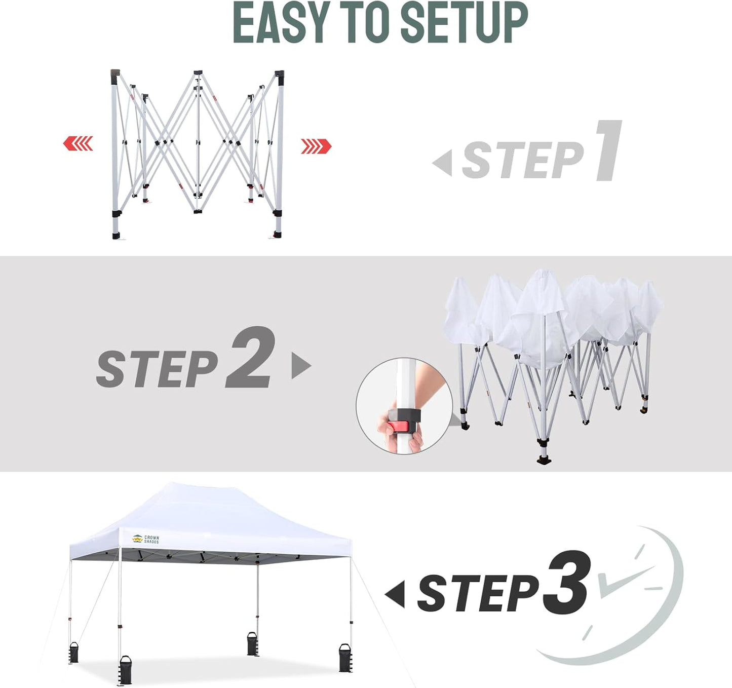 CROWN SHADES 10x15 Pop Up Canopy Tent, Thicken Frame Commercial Heavy Duty Tent, 8 Stakes & 4 Sandbags & 4 Ropes, Outdoor Canopies for Events, Parties,White
