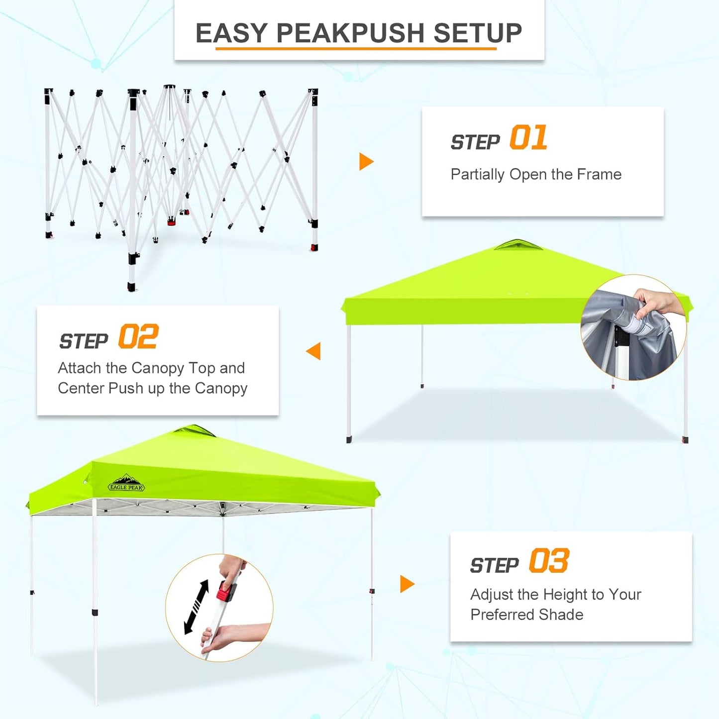 EAGLE PEAK Pop Up Canopy Tent with Wheeled Carry Bag, 8 Stakes, 4 Ropes, 4 Weight Bags, Easy Set Up Tent Canopy, 12x12 ft, 144sqft of Shade, Neon Green