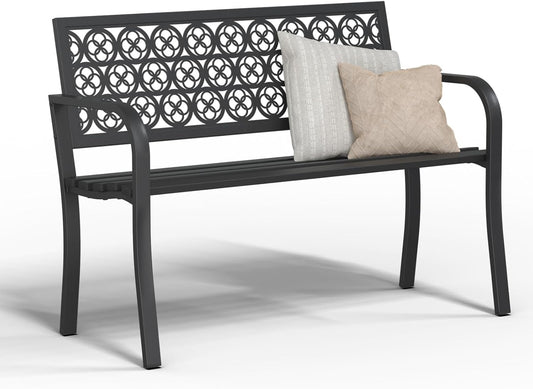 44" Heavy Duty Outdoor Bench, Wrought Iron Weatherproof Garden Bench Black Metal Patio Bench for Park Proch Yard 880lbs