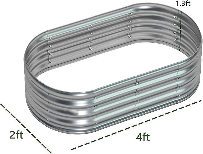 zizin Galvanized Raised Garden Bed Metal Oval Raised Garden Beds Outdoor Planter Box for Vegetables (4x2x1.3FT, Silver)