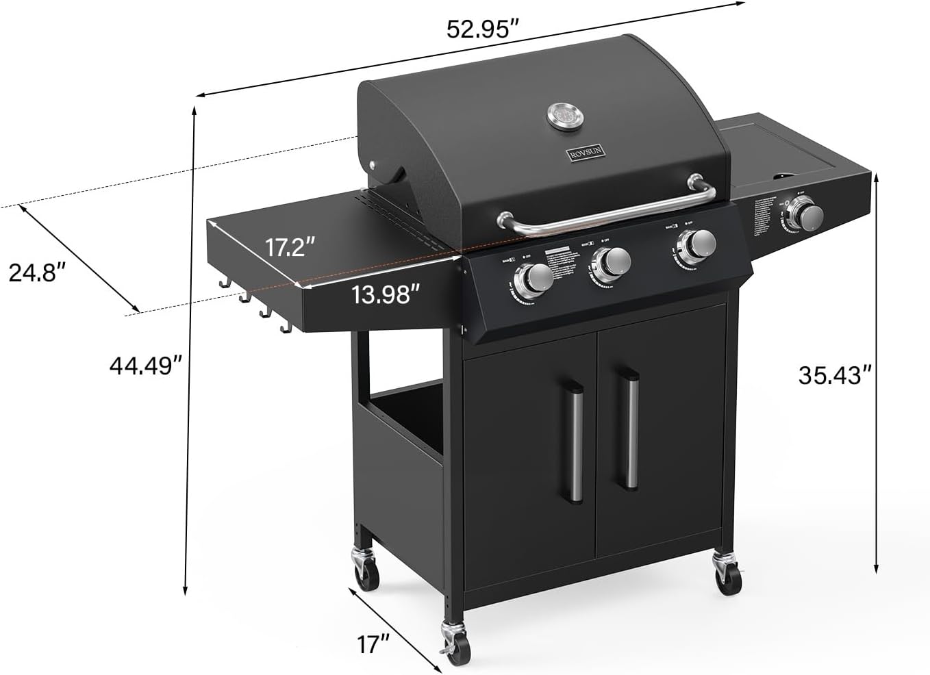 ROVSUN 3-Burner Propane Gas BBQ Grill with Side Burner & Enameled Cast Iron Grates, 46,000 BTU Barbecue Grill with Wheels for Outdoor Patio Backyard Cooking Grilling, Black