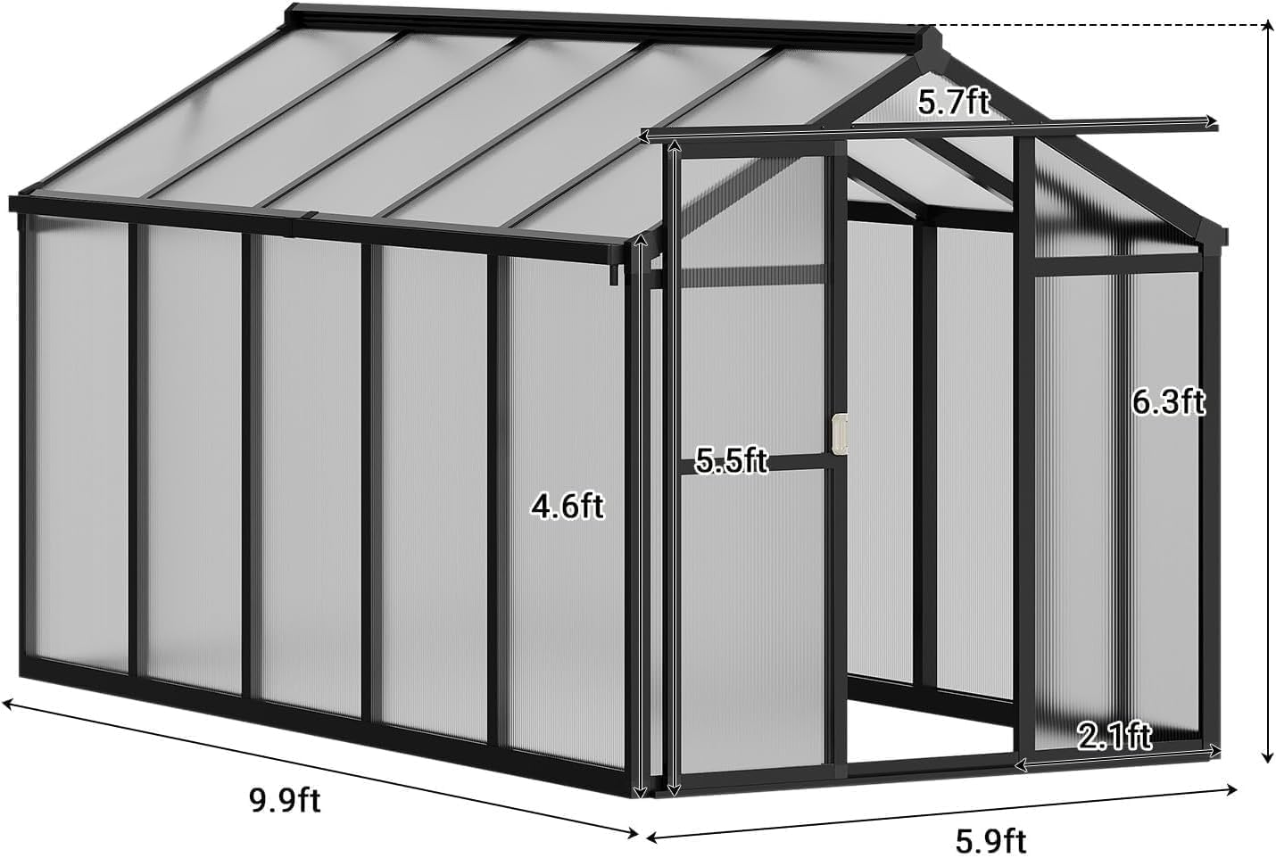 Greenhouse, 6x10 Ft Outdoor Greenhouses with Roof Vents and Sliding Doors, Aluminum Frame Polycarbonate Accessible Greenhouses, Suitable for Outdoor Gardens and Backyards, Black
