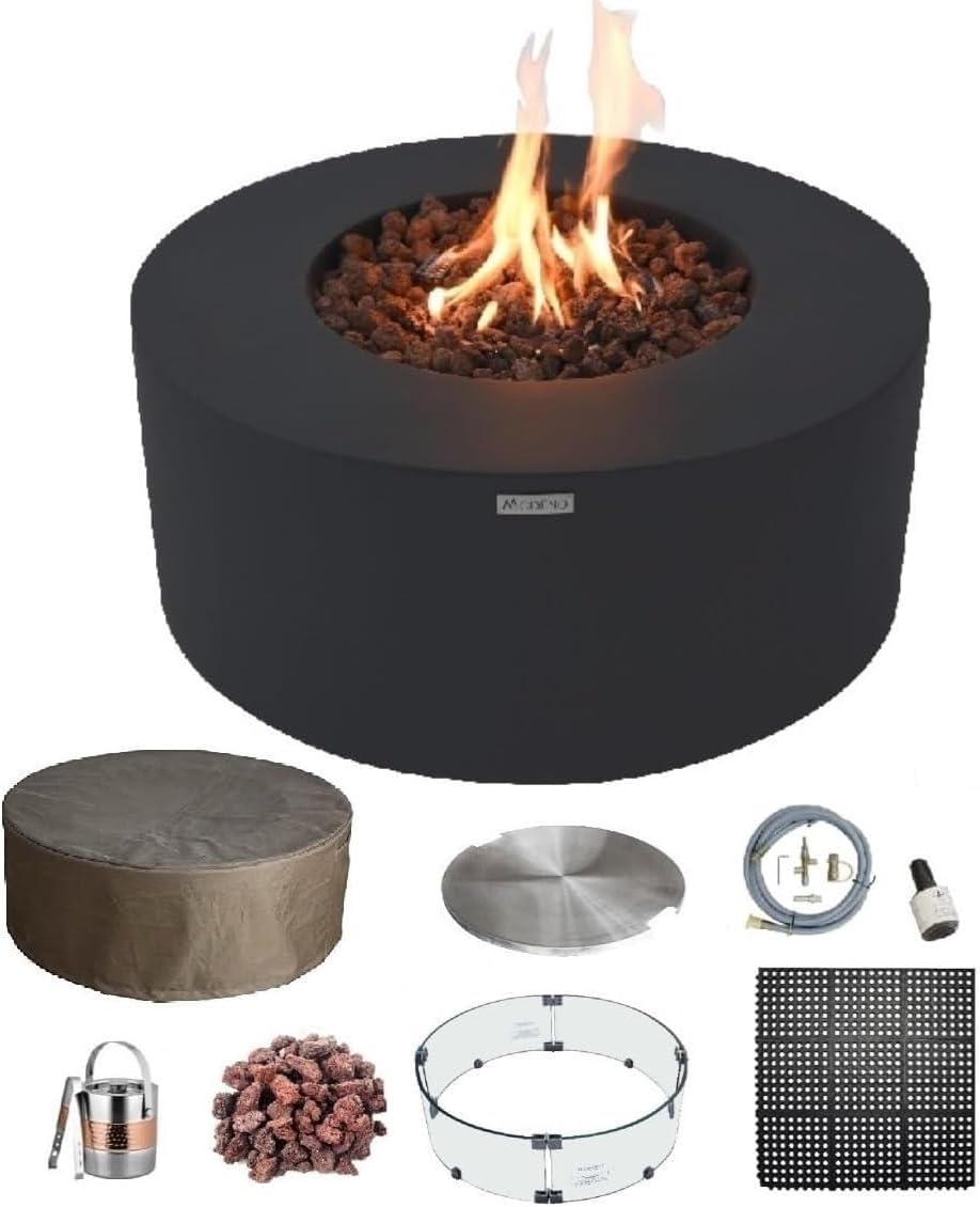AMS Fireplace | Modeno Venice Package | Black Natural Gas Fire Pit Table for Outside Patio Bundle with Wind Guard, and SS Burner Lid | Free Rubber Mat & Ice Bucket