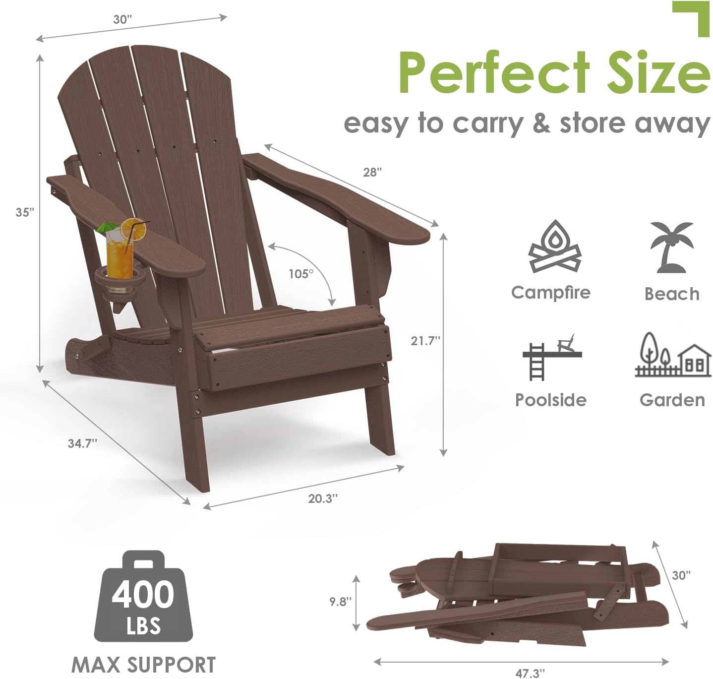 GREENVINES Folding-Adirondack-Chair-Set-of-2 | Wood Grain | HDPE Plastic | Fire Pit Chairs | All Weather | Cup Holder | Dark Brown | for Deck Backyard Patio Outdoor