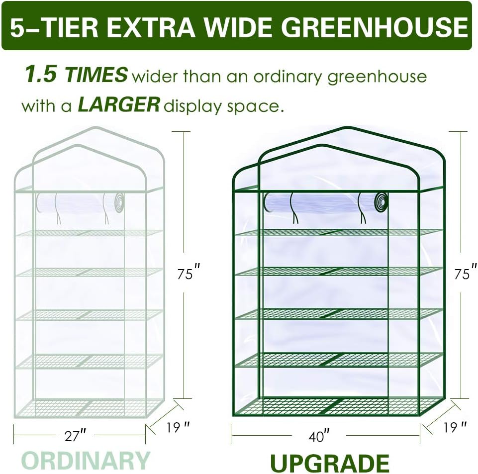 Worth Garden 50% Extra Wide Mini Greenhouse 5 Tier Portable Plant Green House 40in Wide -Sturdy Gardening Shelves with PVC Cover - Indoor & Outdoor Wheatgrass Growing - 19″x40″x75″