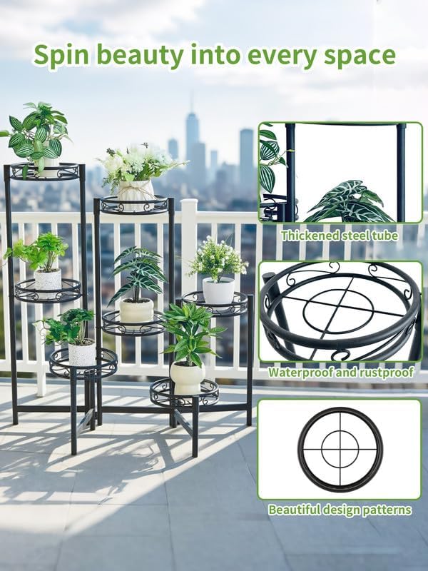 7 Tier Plant Stand, Tall Metal Wrought Iron Plant Shelf Holder for Indoor, Outdoor Folding Tall Display Rack Flower Pot Stand for Corner Living Room Balcony Garden Patio - BlackCircle
