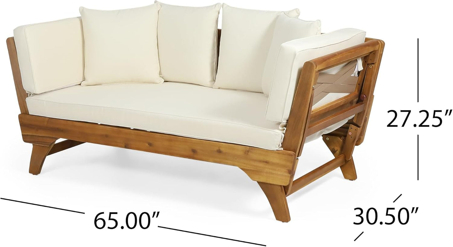 Outdoor Adjustable Patio Wooden Serene Daybed Sofa Chaise Lounge with Cushions for Small Places, Sleeper Chair with Armrest for Backyard, Poolside (Beige)