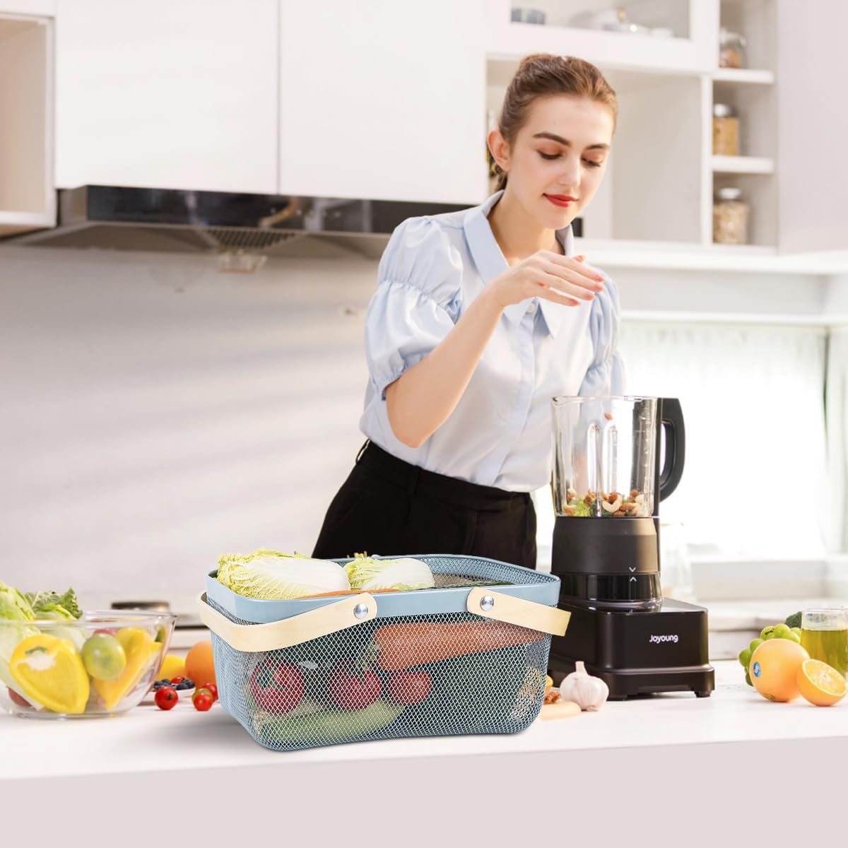 Portable Mesh Harvest Basket - Natural Bamboo Handle Foldable Organizer for Kitchen, Garden & Picnic | Ventilated Storage Bin with Rust-Proof Wire, Space-Saving Farmhouse Decor (Blue)