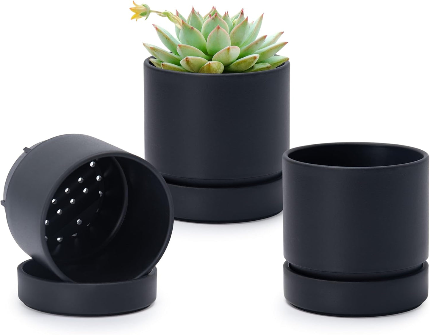 Phoenix Vine 4 Inch Planter Pot with Drainage Hole & Saucer, Deep Water Catch Tray, Straight Cylindrical Round Pot for Plants, Matte Black, Pack of 3, 23-C-R-3
