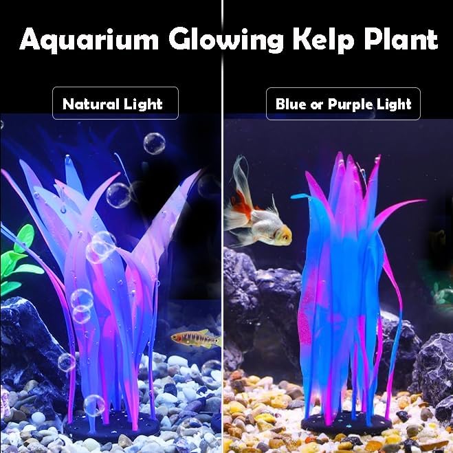 2Pcs Soft Silicone Aquarium Plants Glowing Kelp Fish Tank Plants Decor Artificial Aquarium Plant Decoration Simulation Artificial Water Grass for Fish Tank,Blue,7inch