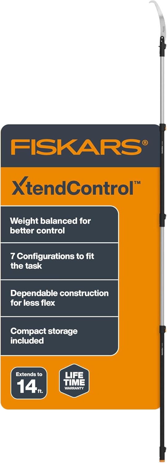 Fiskars XtendControl Extendable Tree Pruner (14 ft), Adjustable Branch Trimmer w/Fixed Pruning Head, 15" X2 Hook Bill Saw, 3-6 ft & 4-8ft Extension Poles, and Automatic Cord Reel for Precise Cuts