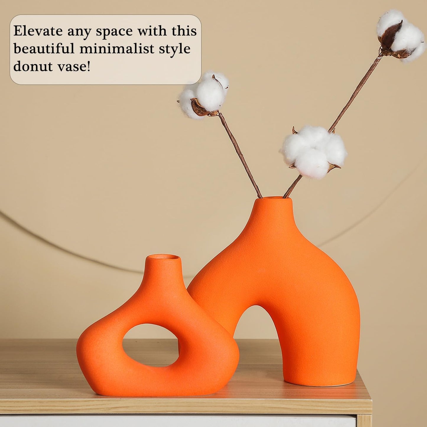 CEMABT Orange Ceramic Vase Set of 2 for Modern Minimalist Bohemian Decor，Round Matte Donut Vases for Pampas Grass-Perfect for Living Room, Dining Table, Office Bedroom Shelf Decor Entryway, Console
