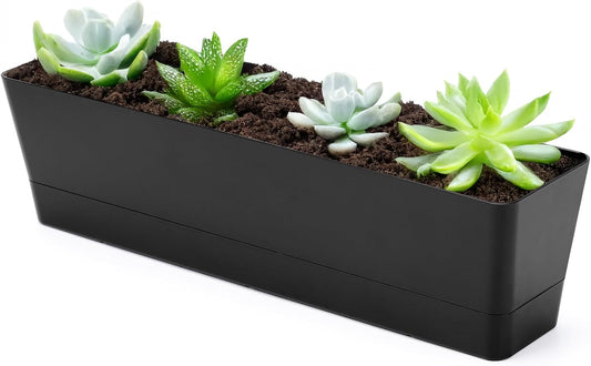 GREANER 16x3.8 Inch Herb Window Boxes 1PCS, Black Planter with Removable Trays and Drainage Holes, Succulent Flower Rectangular Plastic Pot for Balcony, Office, Windowsill, Garden, Indoor Outdoor Use