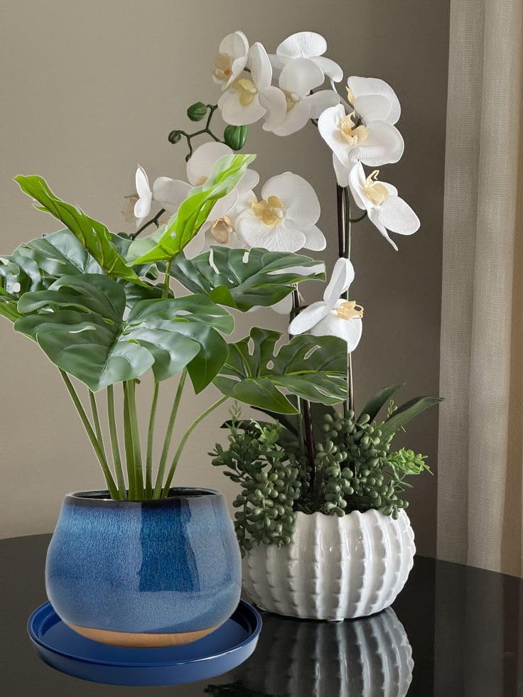 Ceramic Plant Saucer Pot Tray 12 Inch, Planter Saucers 4 5 6 7 8 9 10 11 12 Inch for Indoors Outdoor, Durable Sturdy Flower Drainage Tray for Glazed Pots Base (12.5 Inch-Blue)