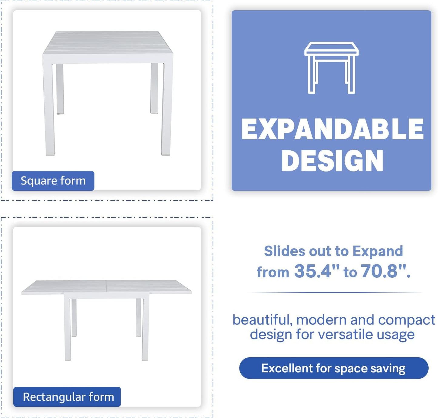 Soleil Jardin Aluminum Patio Extendable Dining Table, 35" - 71", Adjustable Indoor Outdoor Furniture Rectangle Table for 4-6 Person Porch Deck Garden, White