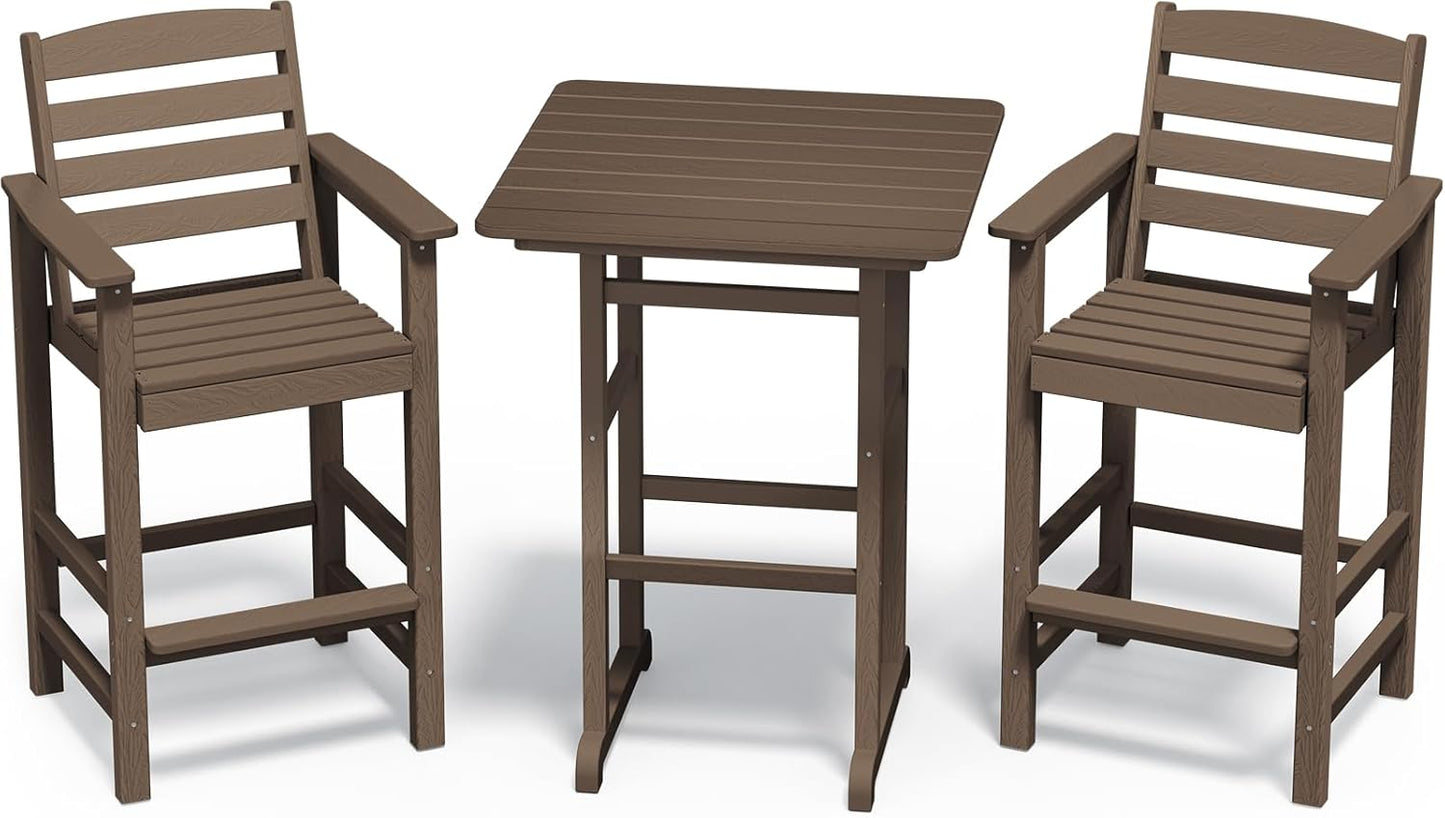 SERWALL HDPE Outdoor Patio Bar Set, Tall Adirondack Bar Chair and Table Set (Coffee, 3 pcs)