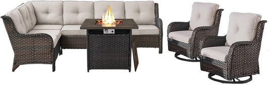 Outdoor Sectional Sofa Furniture Set with Propane Fire Pit Table, Wicker Patio Conversation Set with 2 Swivel Glider Rocker Chairs Beige Cushion Perfect for Backyard Casual Gathering