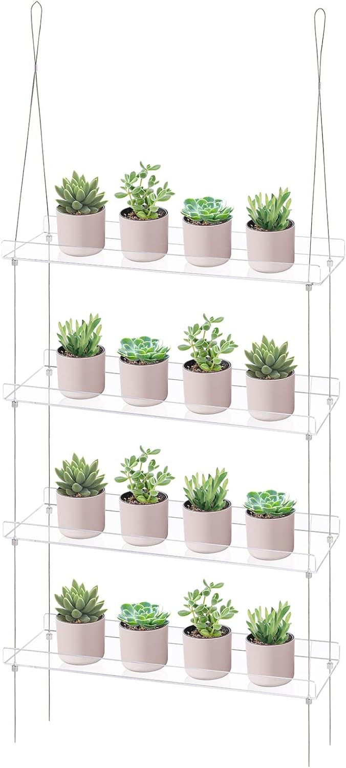 Sumerflos 4 Tier Acrylic Window Boxes Plant Shelves for Windows, Hanging Shelves for Indoor Plants, Flower Pot Organizer Storage for Window Grow Herbs, Microgreens, Succulents, Flower