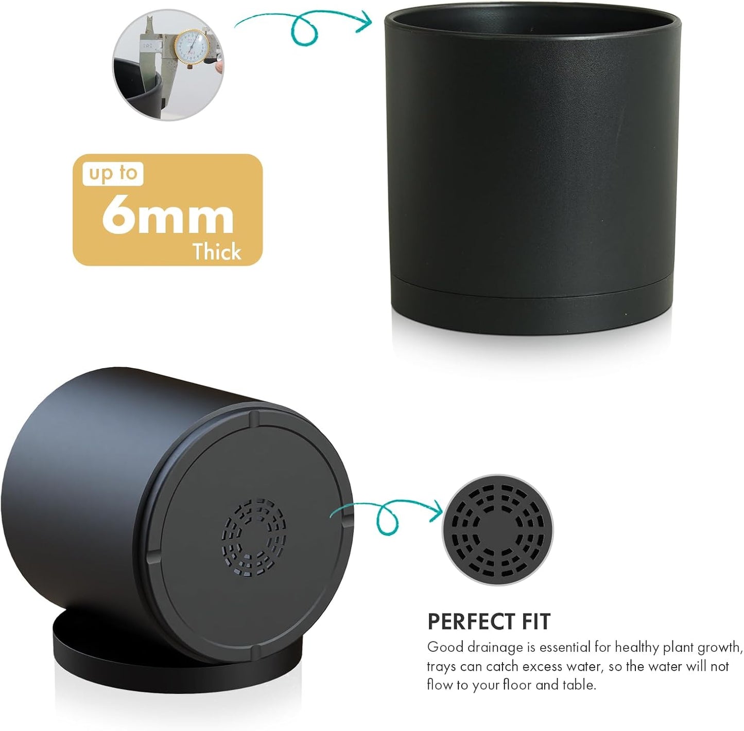 8 Inch Medium Plant Pots for Indoor Outdoor Plants, Cylinder Deep Flower Pots with Drainage Holes & Saucer, Decorative Plastic Planter Pots for Garden House Plants, Black