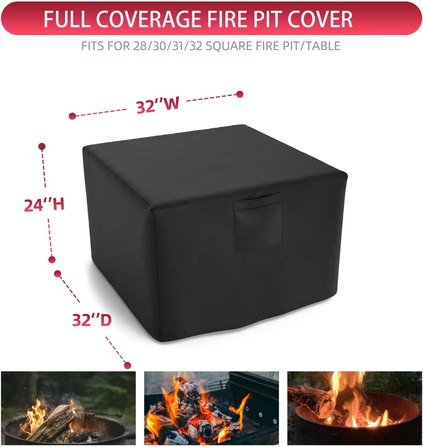 WLEAFJ Fire Pit Cover Square, Fits for 28-32 Inch Gas Fire Table, Heavy Duty Oxford Fabric Outdoor Fireplace Cover, Waterproof Rectangle Firepit Cover, 32 x 32 x 24 Inch, Black