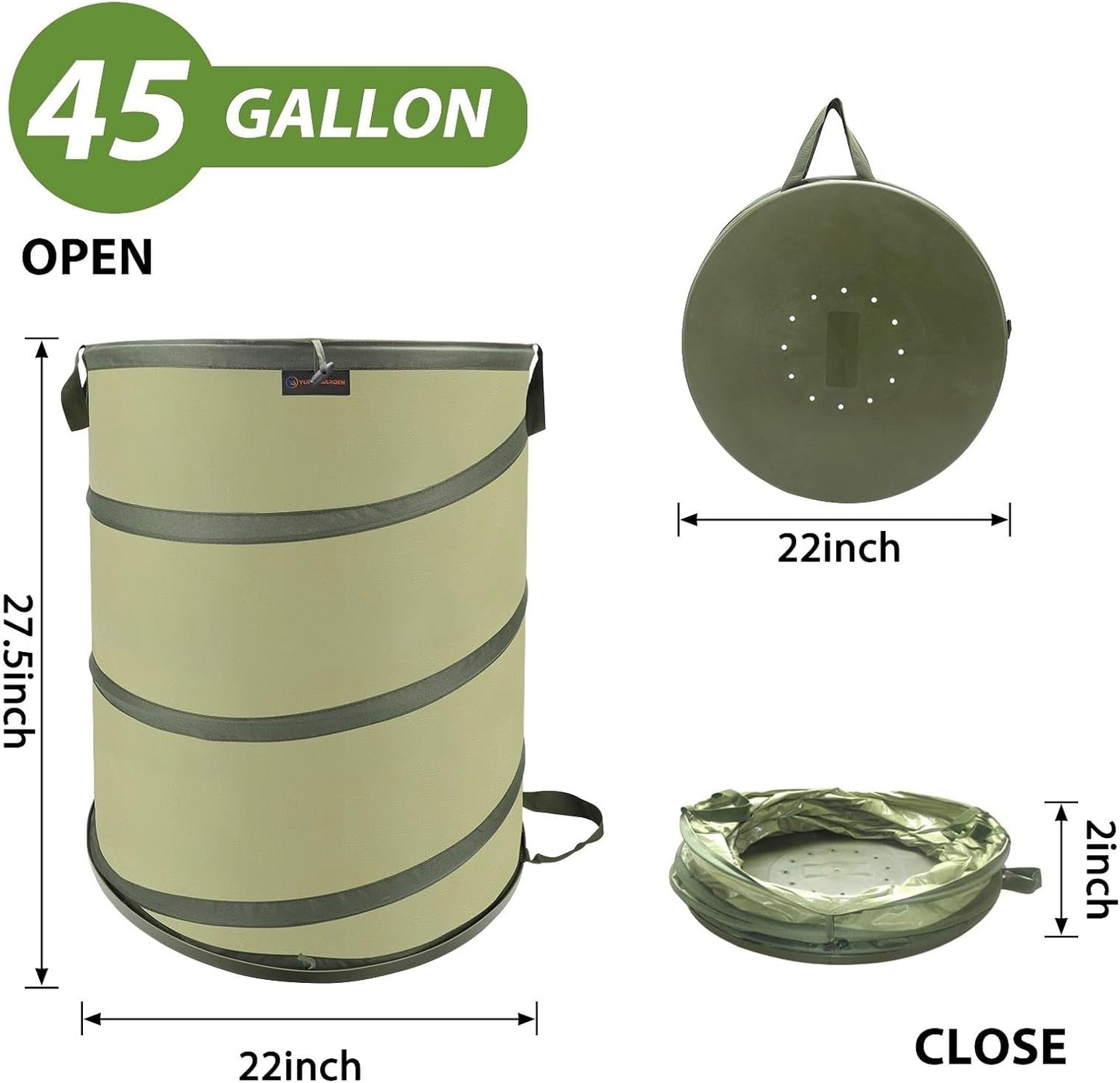 YUDI & GARDEN 45 Gallon Hard Bottom Collapsible Garden Bag｜Collapsible Trash Can｜Camping Trash Can, for Collecting Weeds or Party and Yard Waste