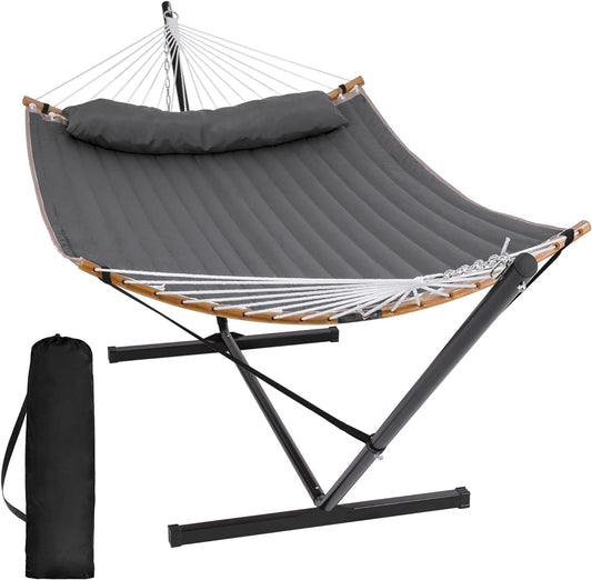 SUNCREAT Double Portable Hammock with Stand, 2 Person Hammock with Curved Spreader Bar, Balance Ropes Included, Dark Gray
