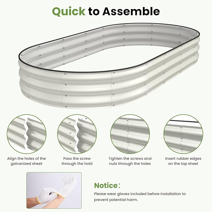 Oval 8x4x1 FT Galvanized Raised Garden Bed Kit, 3 in 1 Large Metal Garden Bed Raised Planter Box, 12” Raised Beds for Gardening Vegetables Flower Herb(Pearl White)