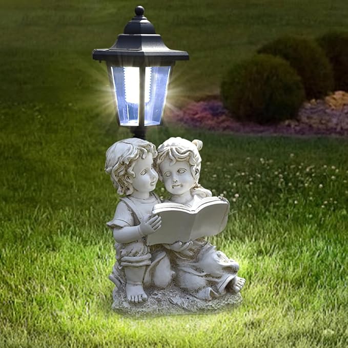 Solar Garden Outdoor Decor Statues Boy and Girl Reading Book with Light,Outside-Outdoor Decorations Sculptures for Patio Yard Lawn Walkway Ornaments Clearance Gifts for Mom Grandma Birthday
