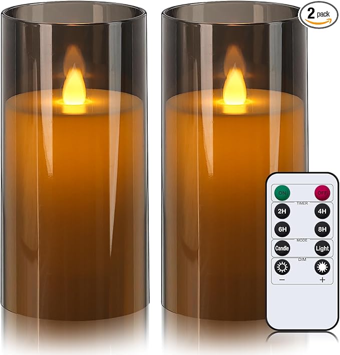 Metaku Flickering Flameless Candles Battery Operated 3D Moving Wick LED Candles with Remote, Set of 2 Grey Acrylic Electric Candles for Christmas Halloween Valentines Wedding Home Decor,D 3"×H 6"