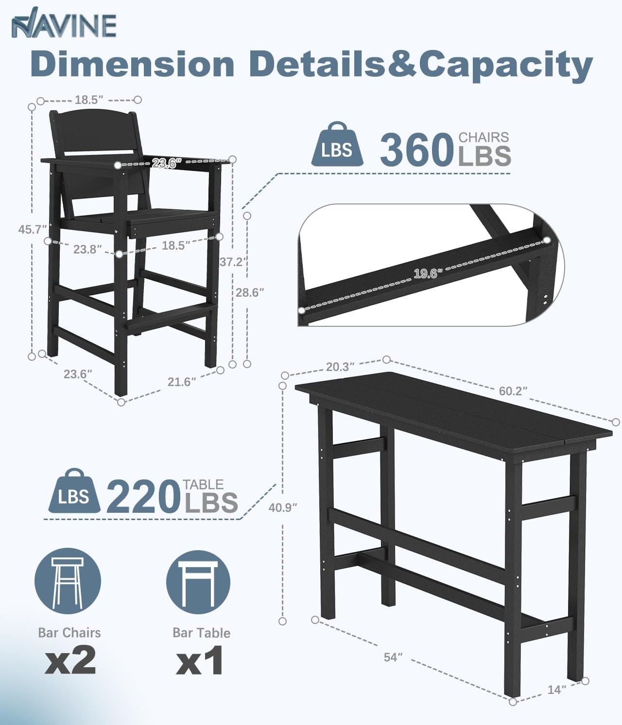 Bar Height Patio Table and Chairs Set, HDPE Outdoor Adirondack Bar Chairs and Patio Table, All-Weather Patio Furniture for Poolside, Backyard, Garden, High Top Patio Bar Set (Black, 3-Piece)