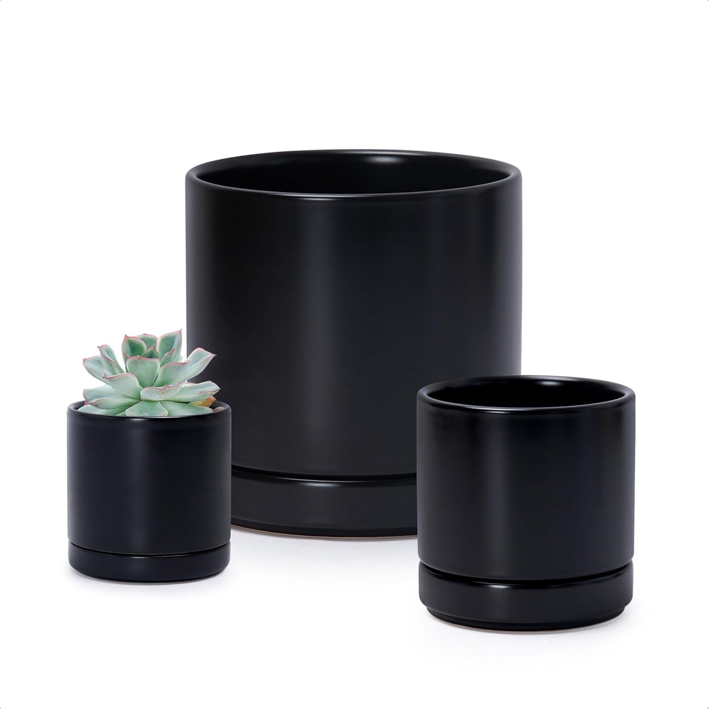D'vine Dev 3 Inch & 4 Inch & 6 Inch, Set of 3 Round Ceramic Planter Pot with Drainage Hole and Saucer, Black, 94-T-S-2