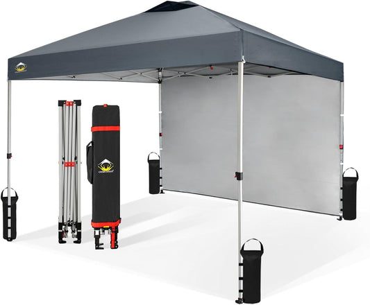CROWN SHADES 10x10 Pop Up Canopy with 1 Side Wall - Beach Tent with One Push Setup - Outdoor Sun Shade for Events, Parties, Camping - Gazebo with STO-N-Go Cover Bag (Grid Grey)
