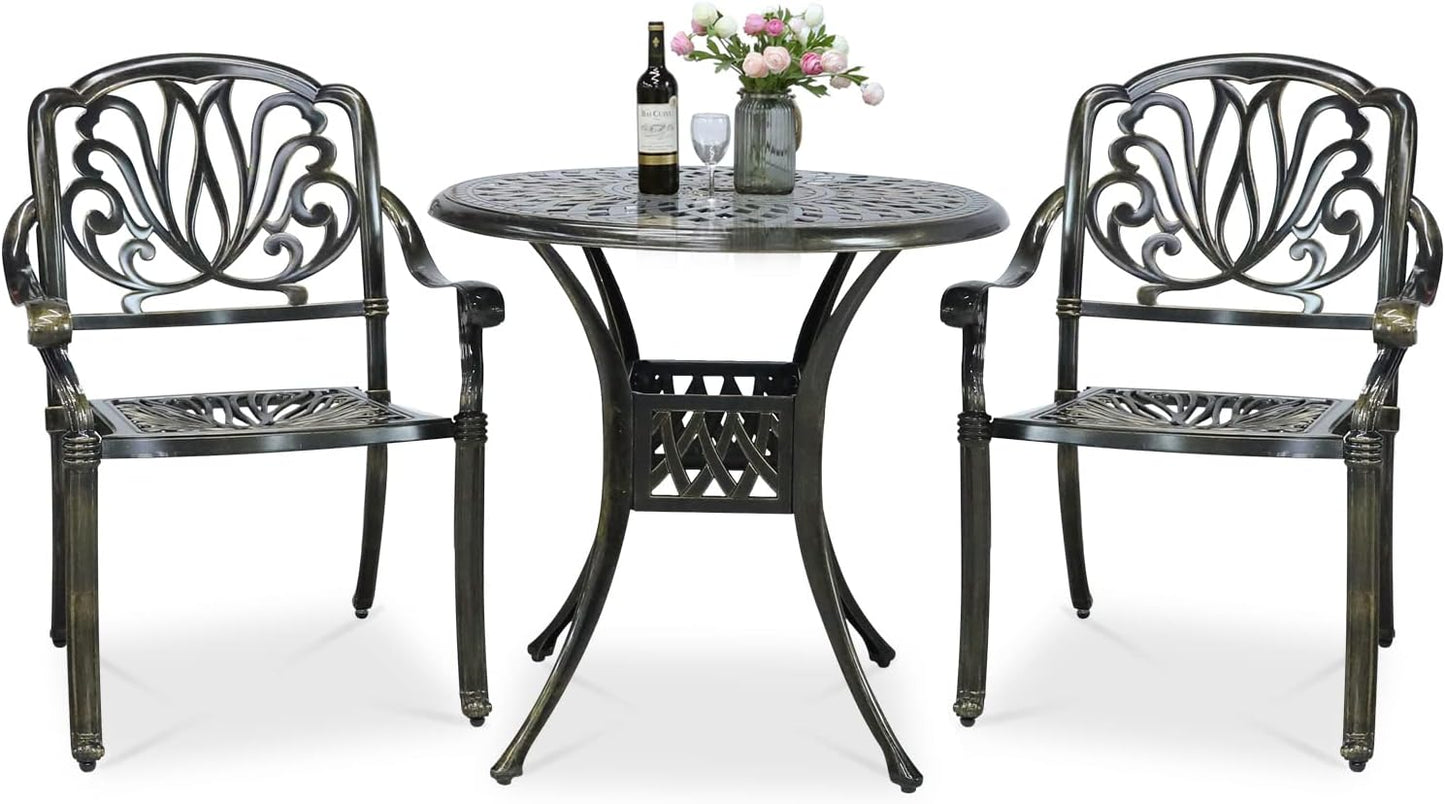 VIVIJASON 3-Piece Patio Furniture Dining Set, All-Weather Cast Aluminum Outdoor Bistro Set, Include 2 Chairs and 31" Round Table w/Umbrella Hole for Balcony, Lawn, Garden, Backyard