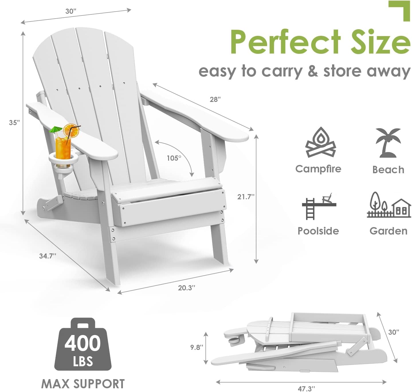 GREENVINES Folding-Adirondack-Chairs-Set-of-2 | HDPE Plastic | Fire Pit Chair | All Weather | Cup Holder | White | for Deck Backyard Patio Outdoor Garden