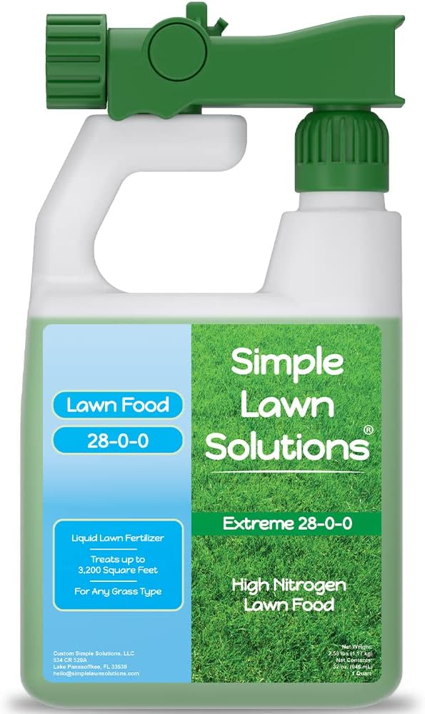 Maximum Green & Growth Fertilizer High Nitrogen 28-0-0 Liquid Lawn Food Spray Spring & Summer- Any Grass Type- Simple Lawn Solutions - Concentrated Quick & Slow Release Attached Sprayer (32 Ounce)