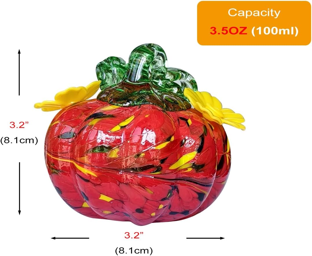 Small Glass Hummingbird Feeders for Outdoors Hanging - 2PC X Red Hand Blown Glass Pumpkin Nectar Feeding, 2 Flowers Feeding Ports, Decor for Garden/Backyard Outside