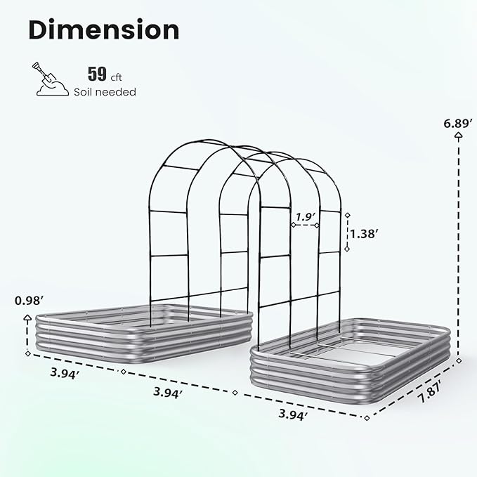 KING BIRD Raised Garden Bed with Arched Trellis Galvanized Planter Garden Box Outdoor for Gardening, Climbing Vegetables, Flowers 7.87x3.94x0.98 Ft 2PCS, Silver